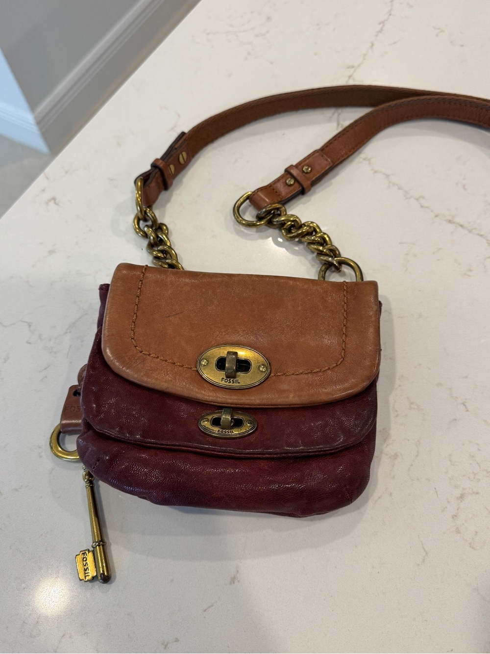 Fossil Two-Toned Leather Crossbody in Tan and Burgundy
